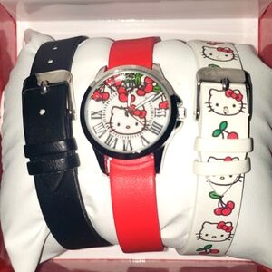 HELLO KITTY SAMRIO WATCH SET 3 BANDS 1 CRYSTAL SILVER CHERRY GIFT SET